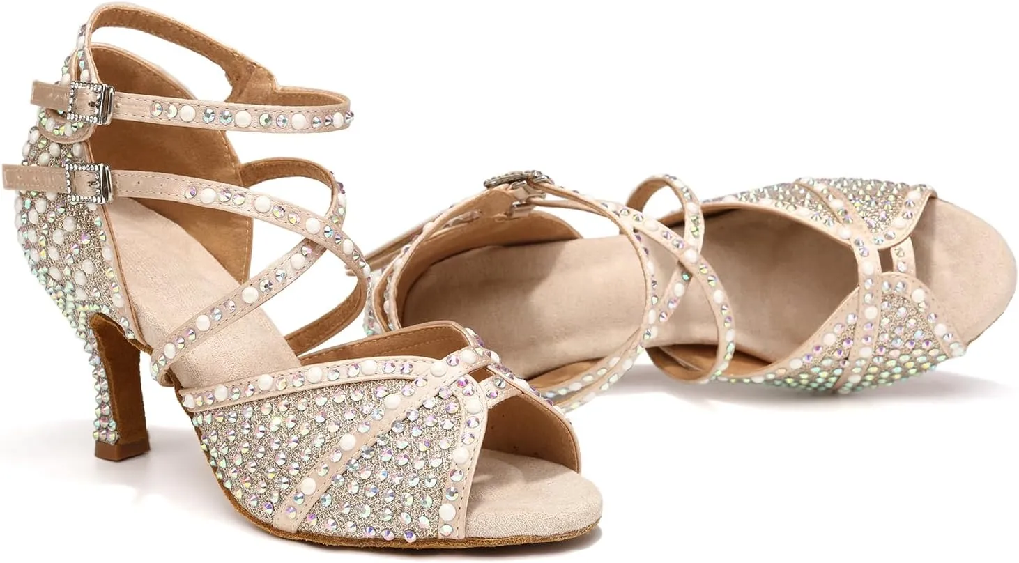 Women's Rhinestone Ballroom Dance Shoes Open Toe Latin Salsa Bachata Performance Dancing Shoes