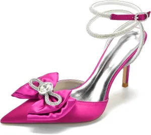 Women's Rhinstone Wedding Slingback Ankle Buckle Heels Adjustable Pointed Toe Bow Pumps High Heeled Prom Dress Shoes