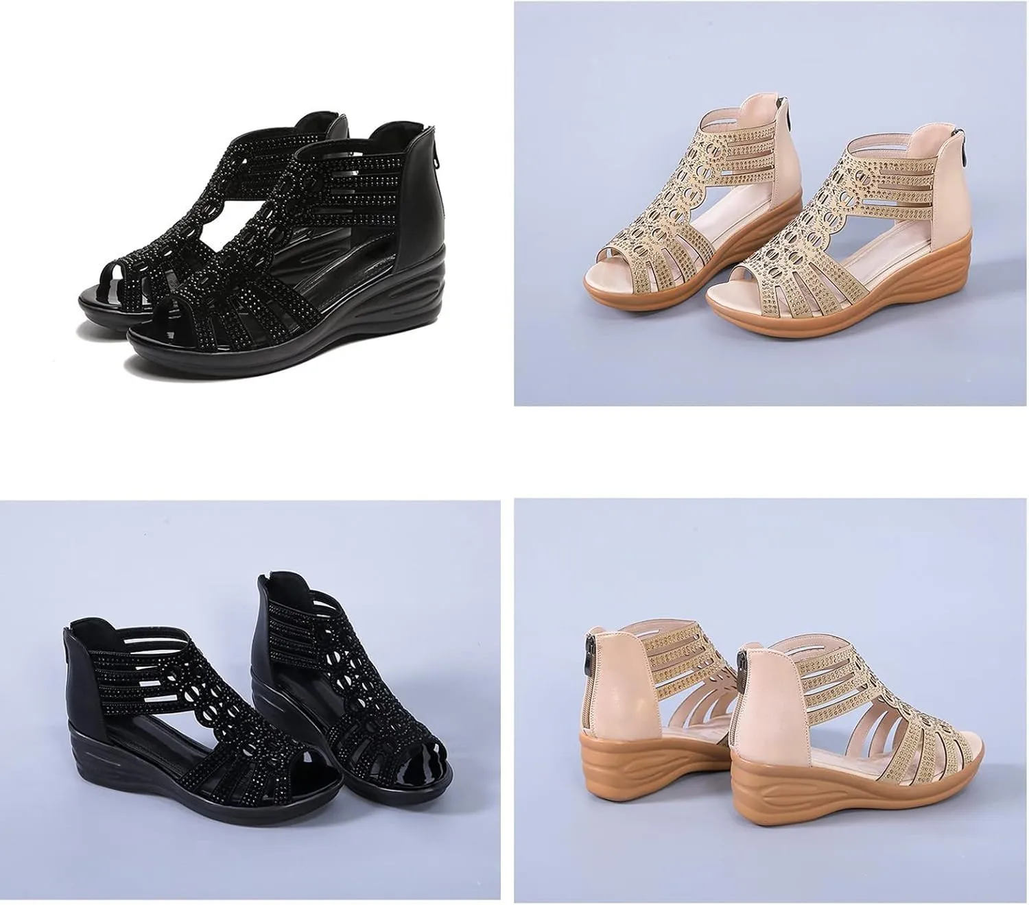 Women's Roman Wedge Hollow Sandals with Zipper Back,Rhinestone Gladiator Open Toe High Heel Dress Sandals Bootie