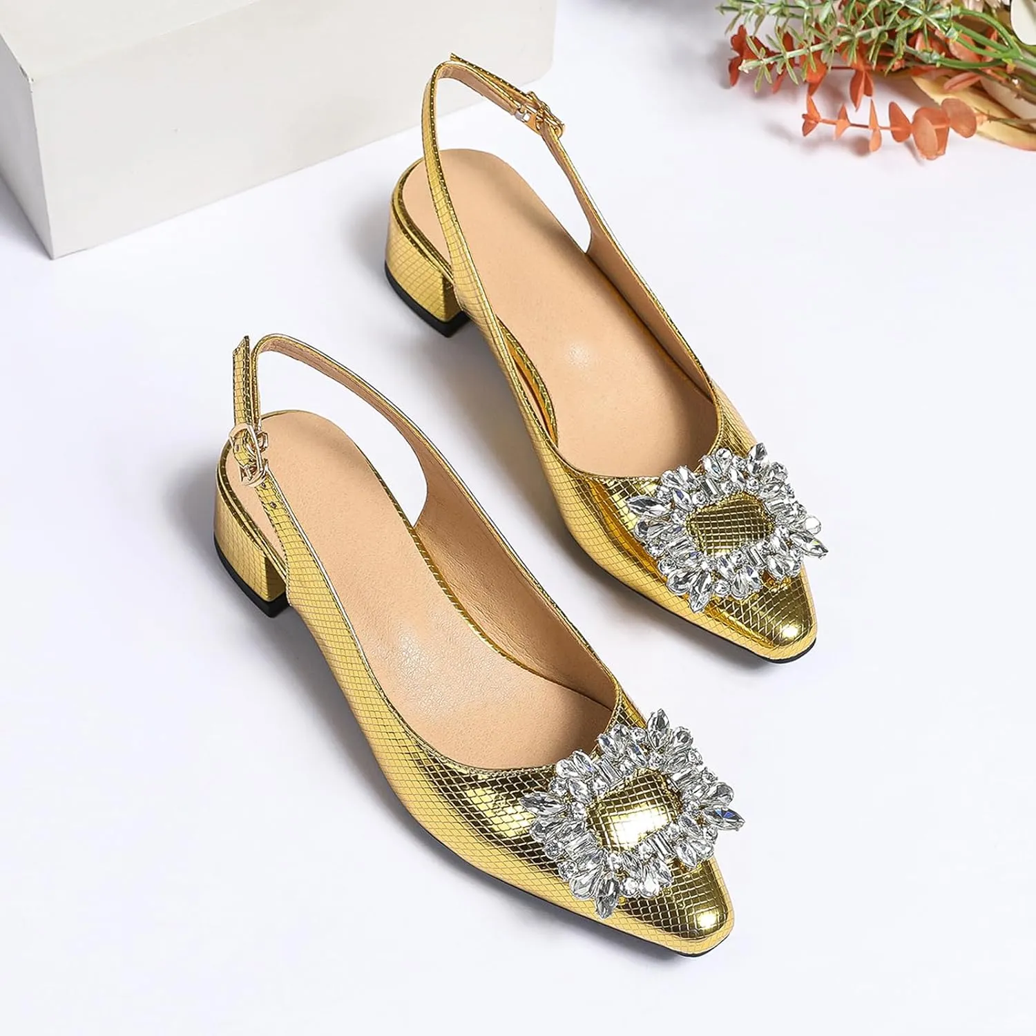 Women's Slingback Low Block Heels Closed Toe Dress Pumps Shoes for Wedding Office Evening Party