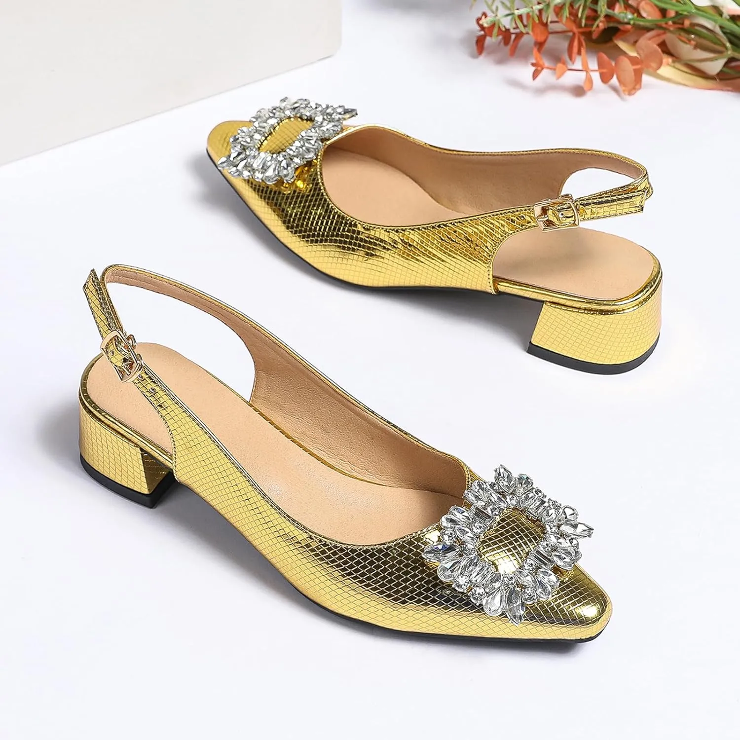 Women's Slingback Low Block Heels Closed Toe Dress Pumps Shoes for Wedding Office Evening Party