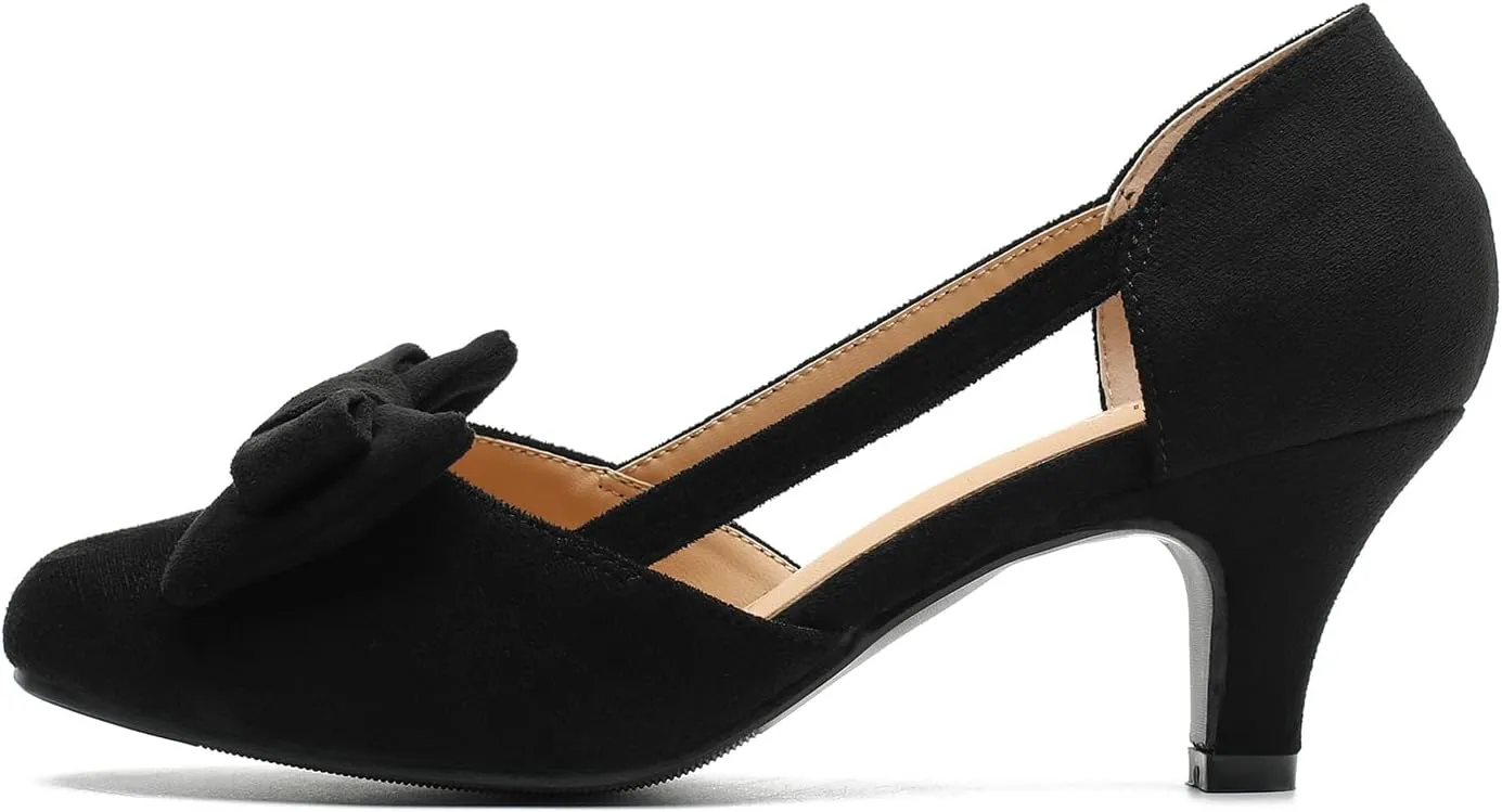 Women's Slip On Bow Kitten Heels Cutout Vintage Retro Low Heel Dress Shoes Wedding Work Party Pumps