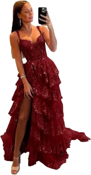 Womens Spaghetti Strap Tulle Lace Tiered Long Prom Dress Glitter Corset Formal Evening Party Dress with Slit DN23
