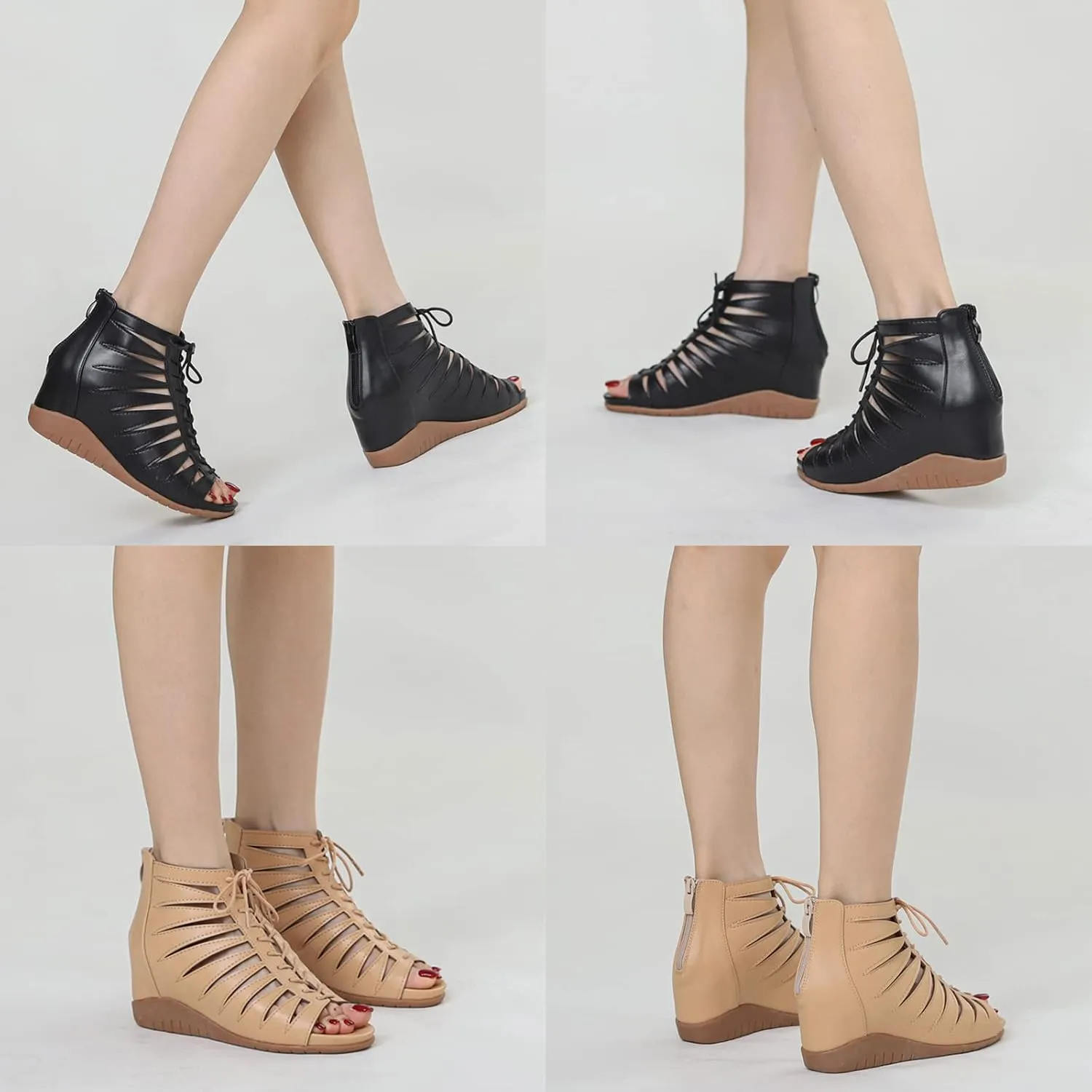 Women's Strappy Peep Toe Zipper Retro Roman Gladiator Wedge Sandals, Fashion Summer Hollow Bohemian Heighten Sandal Beach Heeled Sandals