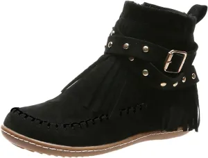 Women's Suede Fringe Boots Moccasins Tassel Cross Studded Strappy Flat Ankle Boots Non-slip Fall Winter (Black, 9.5)