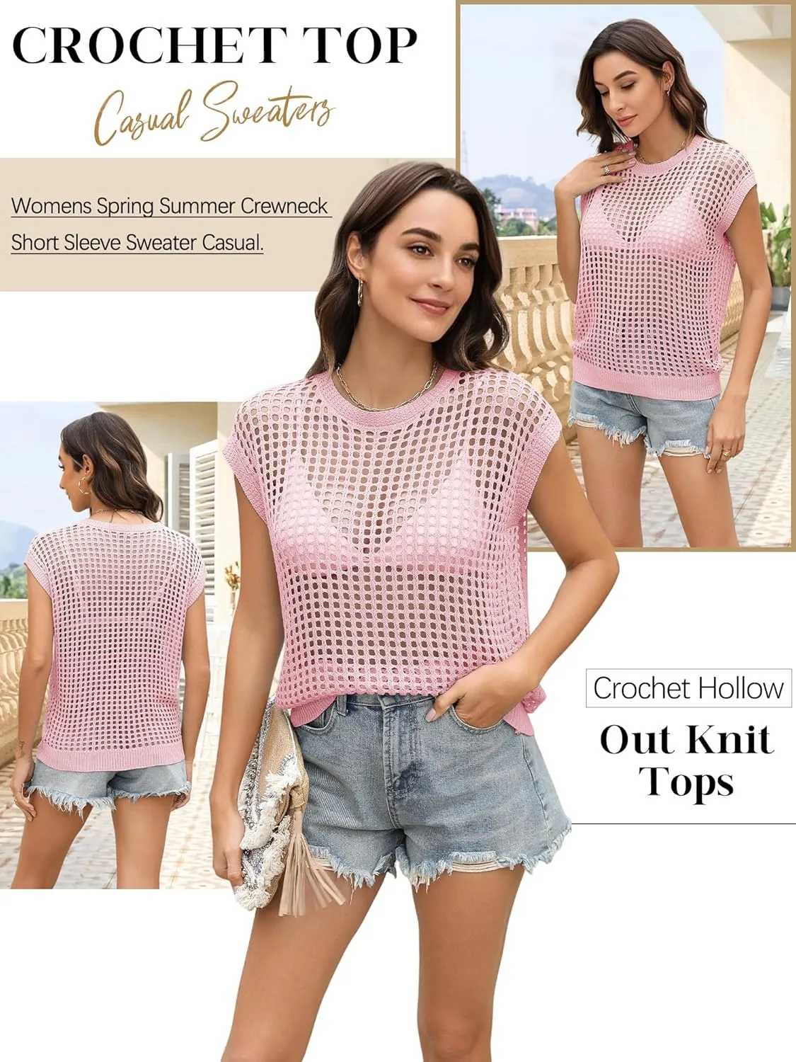 Womens Summer Crochet Tops Hollow Out Cap Sleeve Cover Up Tank Top Pullover Sweater Vest Beach Vacation Clothes