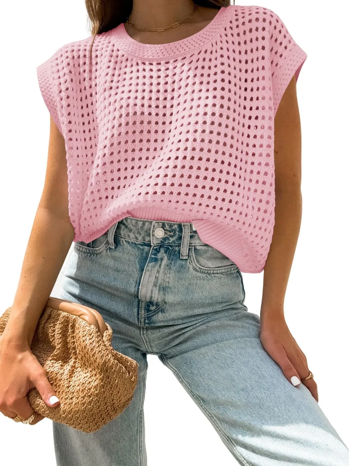 Womens Summer Crochet Tops Hollow Out Cap Sleeve Cover Up Tank Top Pullover Sweater Vest Beach Vacation Clothes