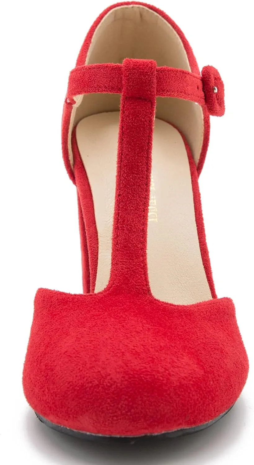 Women's T-Strap Block Chunky Heel Mary Jane Pumps Cut Out Wedding Dress Shoes