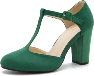 Women's T-Strap Block Chunky Heel Mary Jane Pumps Cut Out Wedding Dress Shoes