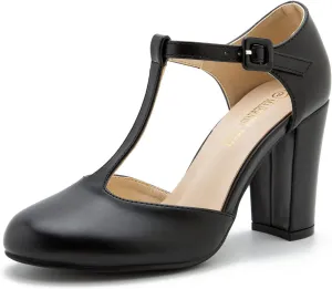 Women's T-Strap Block Chunky Heel Mary Jane Pumps Cut Out Wedding Dress Shoes