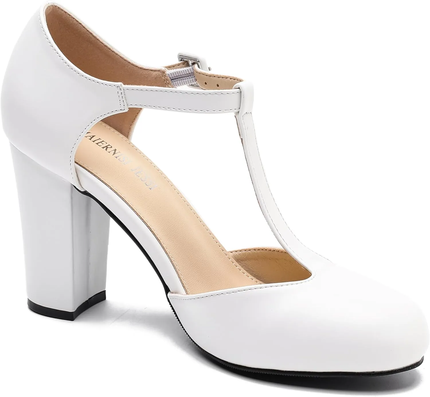 Women's T-Strap Block Chunky Heel Mary Jane Pumps Cut Out Wedding Dress Shoes