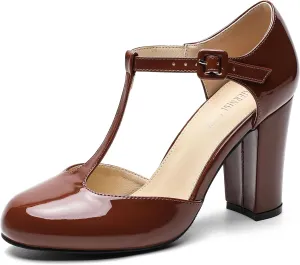Women's T-Strap Block Chunky Heel Mary Jane Pumps Cut Out Wedding Dress Shoes