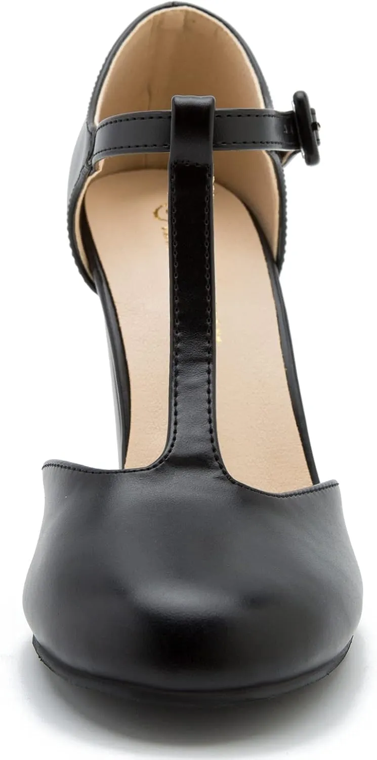 Women's T-Strap Block Chunky Heel Mary Jane Pumps Cut Out Wedding Dress Shoes