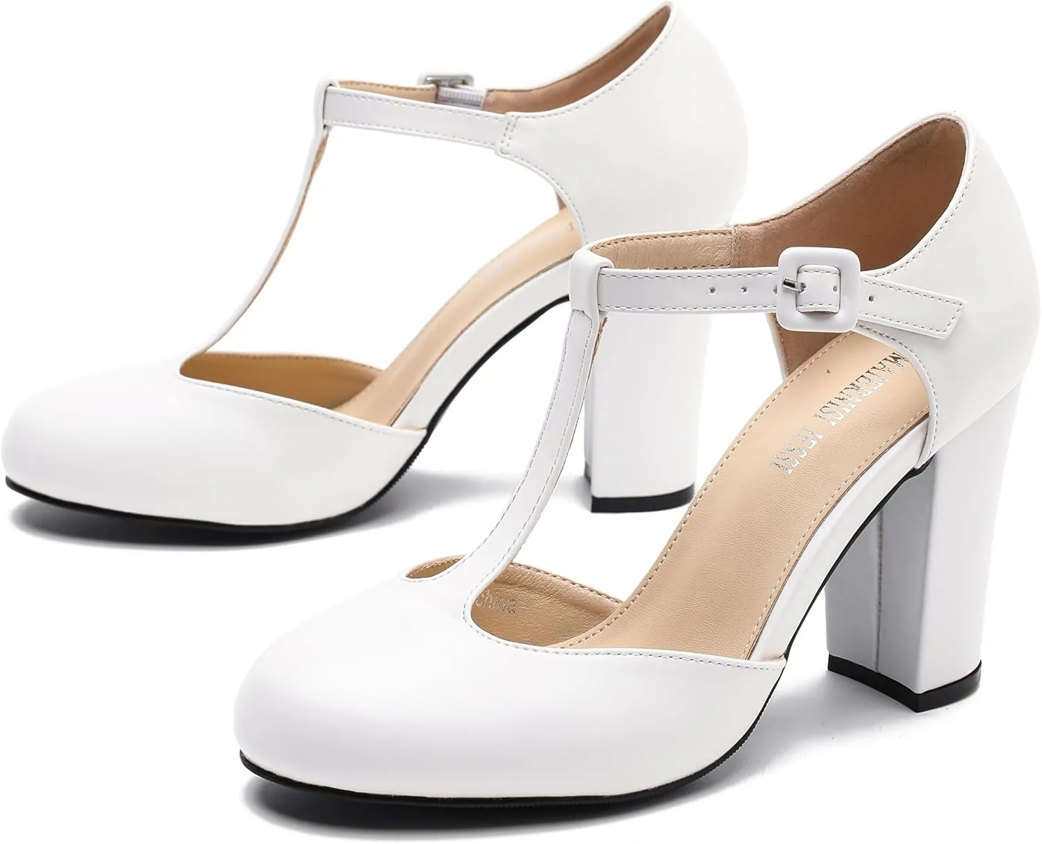 Women's T-Strap Block Chunky Heel Mary Jane Pumps Cut Out Wedding Dress Shoes