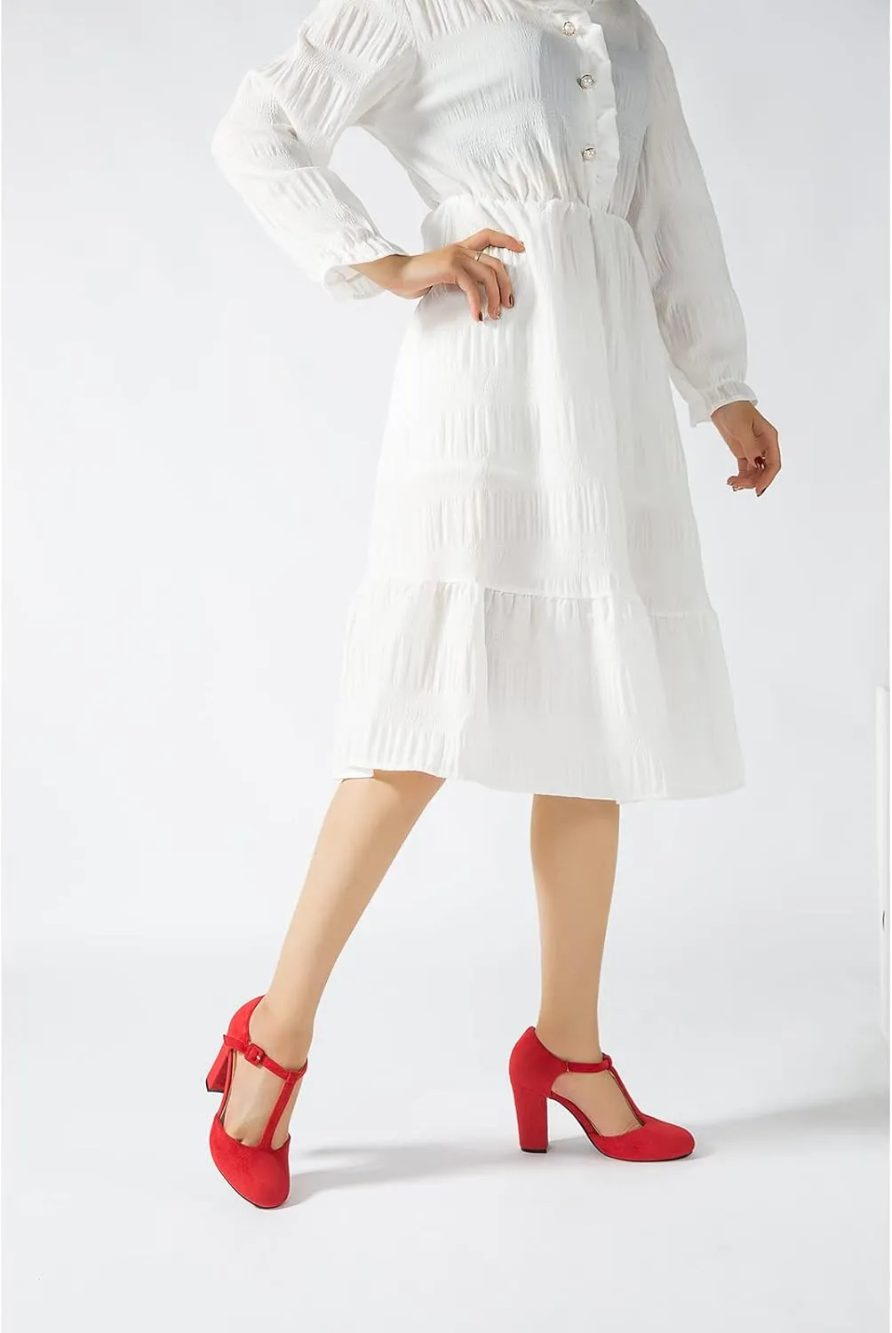 Women's T-Strap Block Chunky Heel Mary Jane Pumps Cut Out Wedding Dress Shoes