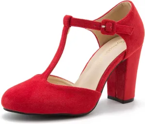 Women's T-Strap Block Chunky Heel Mary Jane Pumps Cut Out Wedding Dress Shoes