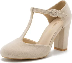 Women's T-Strap Block Chunky Heel Mary Jane Pumps Cut Out Wedding Dress Shoes