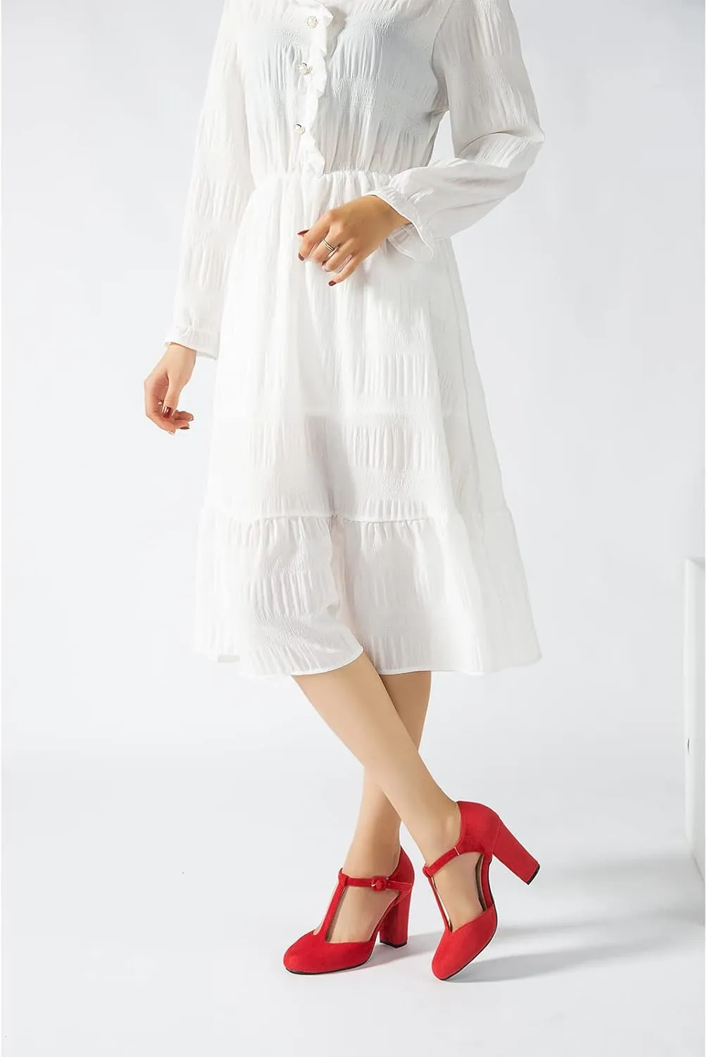 Women's T-Strap Block Chunky Heel Mary Jane Pumps Cut Out Wedding Dress Shoes