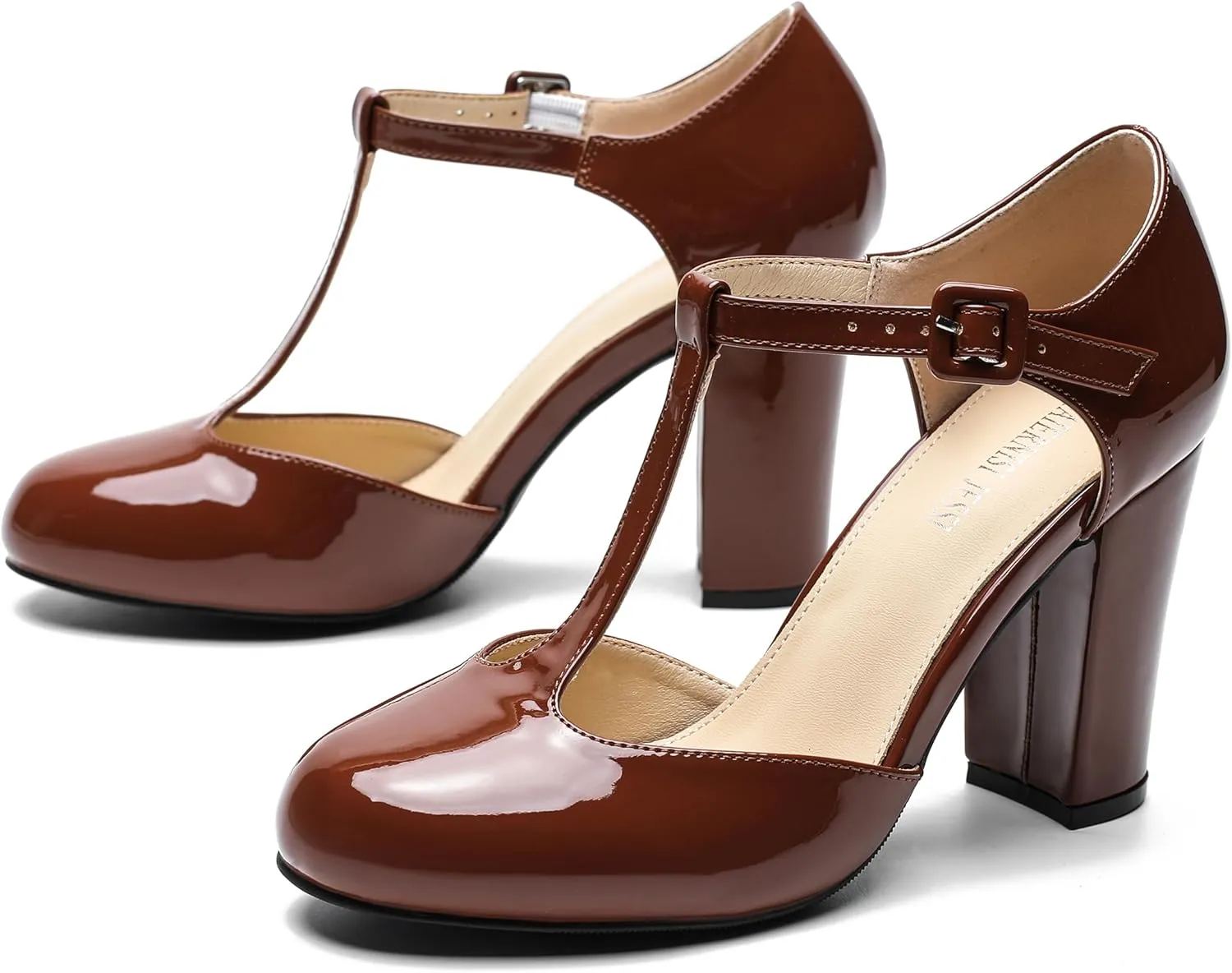 Women's T-Strap Block Chunky Heel Mary Jane Pumps Cut Out Wedding Dress Shoes