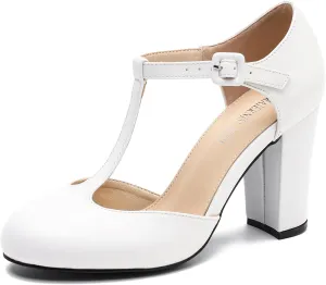 Women's T-Strap Block Chunky Heel Mary Jane Pumps Cut Out Wedding Dress Shoes