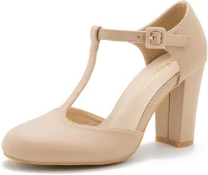 Women's T-Strap Block Chunky Heel Mary Jane Pumps Cut Out Wedding Dress Shoes
