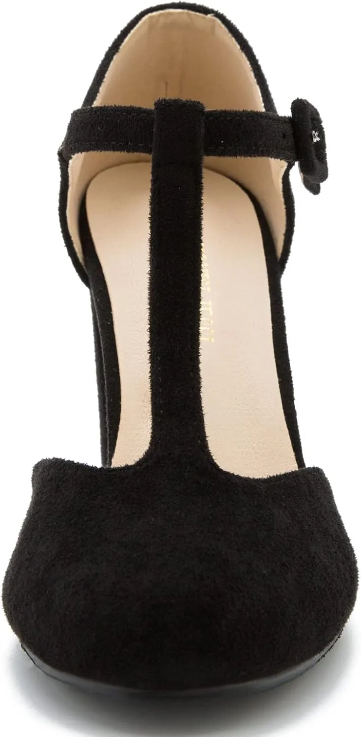 Women's T-Strap Block Chunky Heel Mary Jane Pumps Cut Out Wedding Dress Shoes