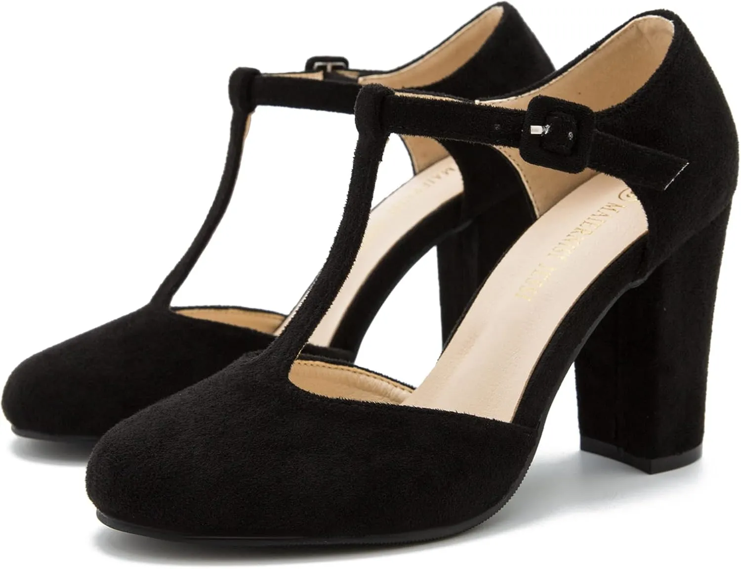 Women's T-Strap Block Chunky Heel Mary Jane Pumps Cut Out Wedding Dress Shoes