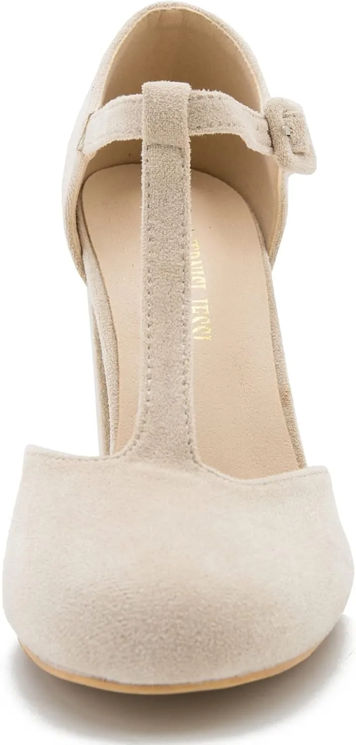 Women's T-Strap Block Chunky Heel Mary Jane Pumps Cut Out Wedding Dress Shoes