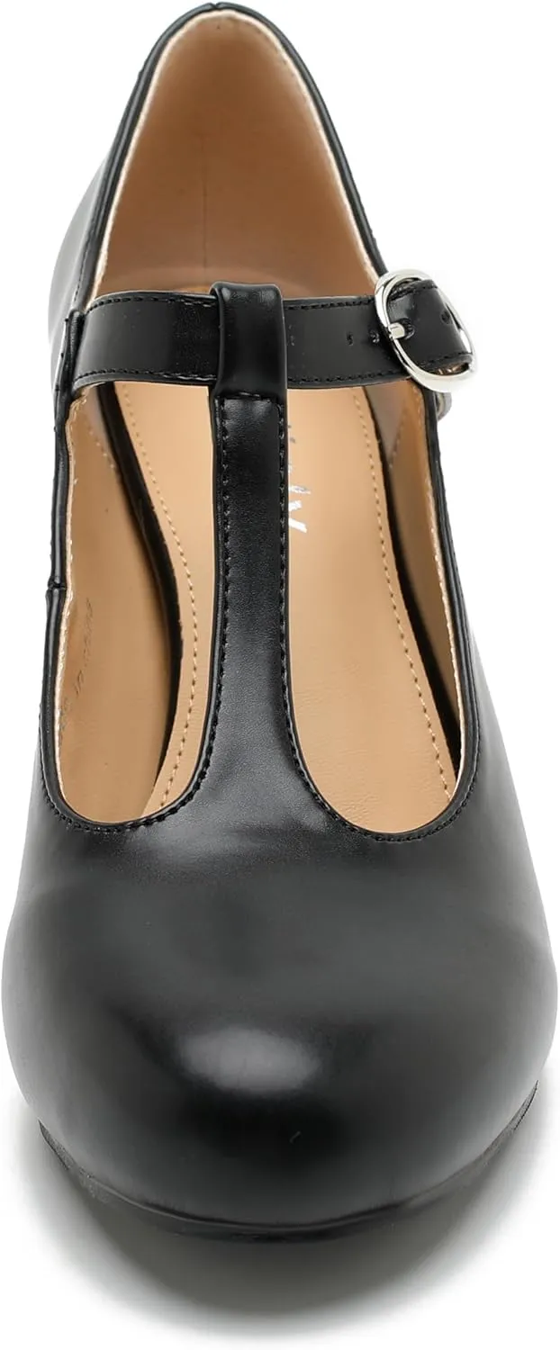 Women's T Strap Mary Jane Chunky Heel Low Block Pumps Round Toe Dress Office Work Shoes