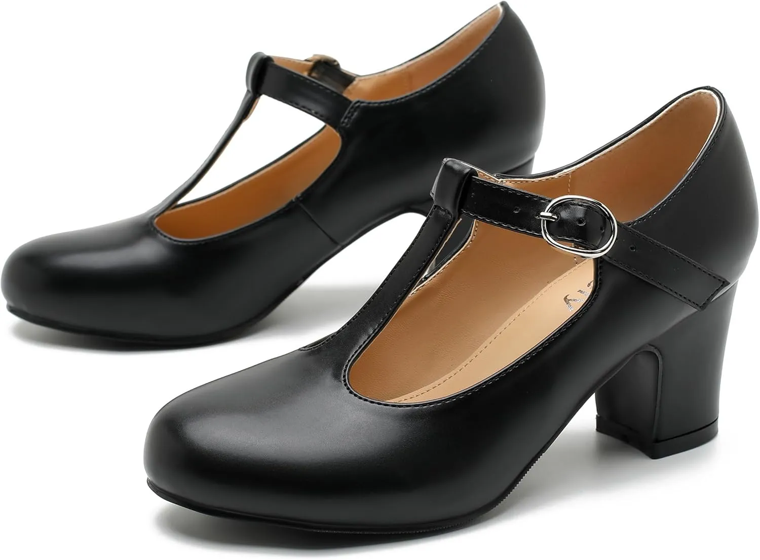 Women's T Strap Mary Jane Chunky Heel Low Block Pumps Round Toe Dress Office Work Shoes