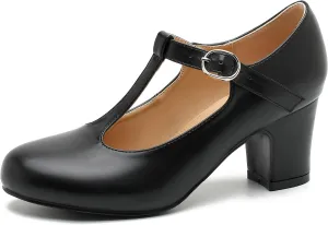Women's T Strap Mary Jane Chunky Heel Low Block Pumps Round Toe Dress Office Work Shoes
