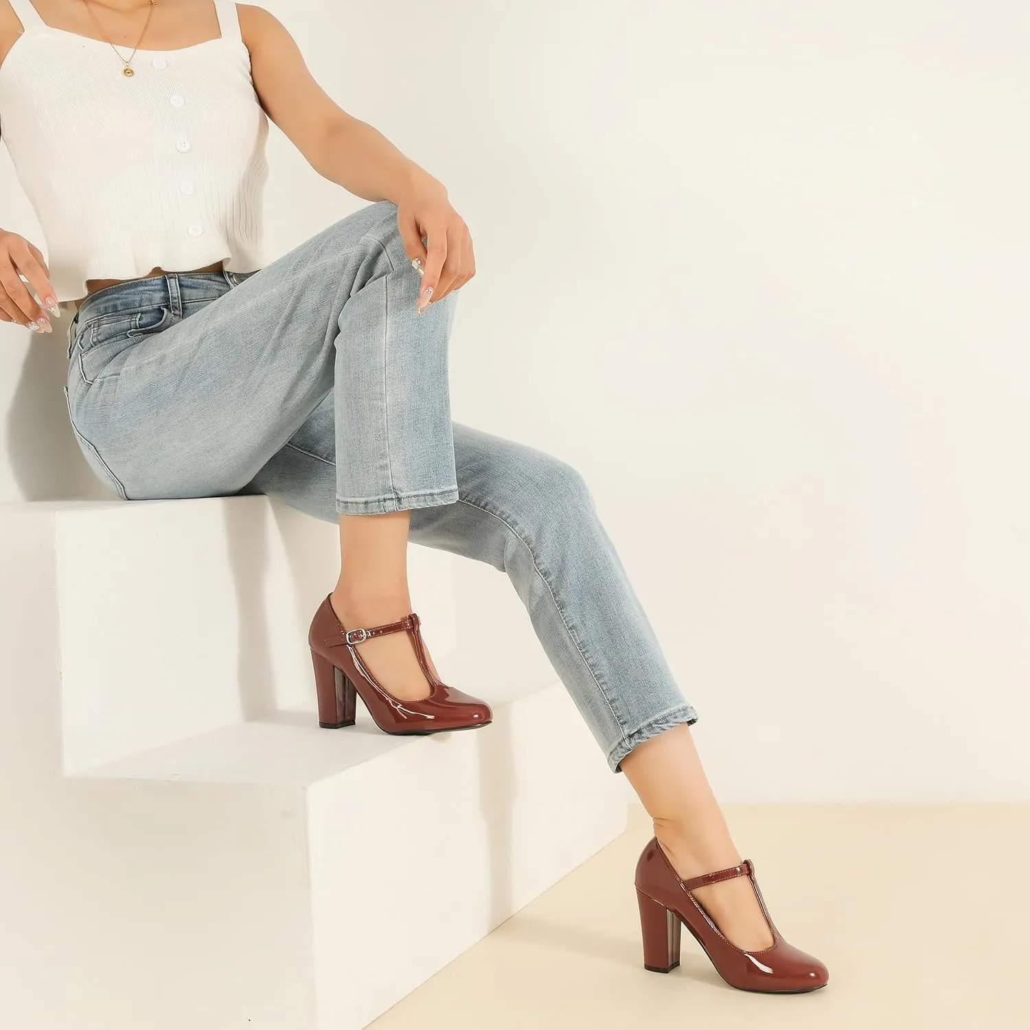 Women's T-Strap Mary Jane Pumps High Block Chunky Heel Wedding Dress Shoes
