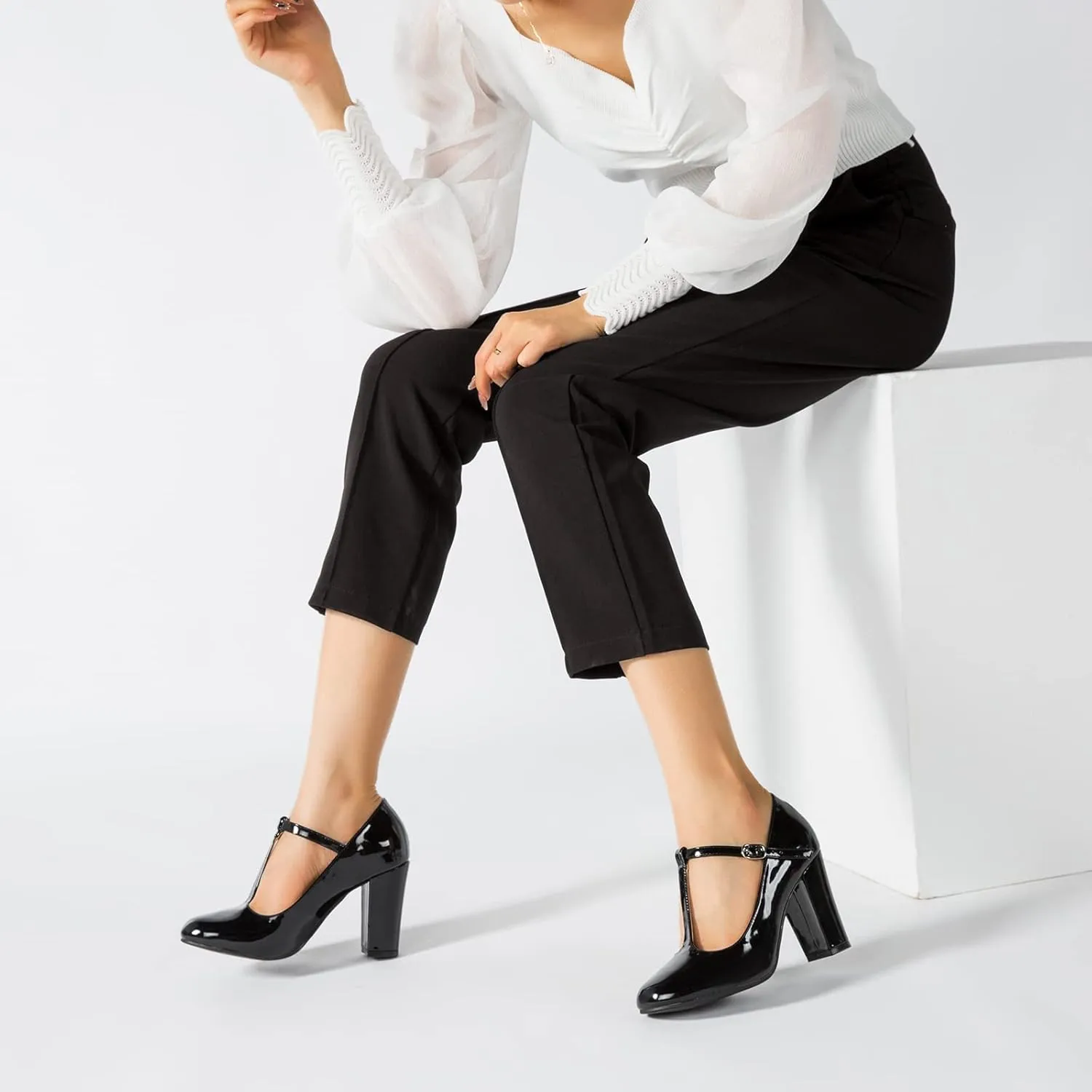 Women's T-Strap Mary Jane Pumps High Block Chunky Heel Wedding Dress Shoes
