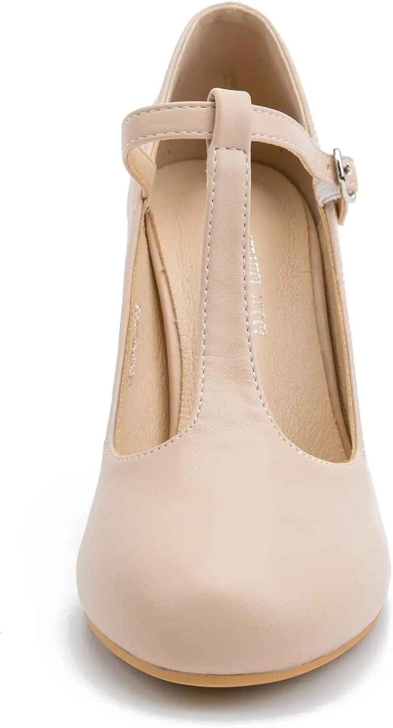 Women's T-Strap Mary Jane Pumps High Block Chunky Heel Wedding Dress Shoes