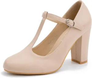 Women's T-Strap Mary Jane Pumps High Block Chunky Heel Wedding Dress Shoes