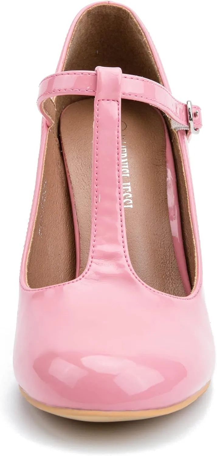 Women's T-Strap Mary Jane Pumps High Block Chunky Heel Wedding Dress Shoes