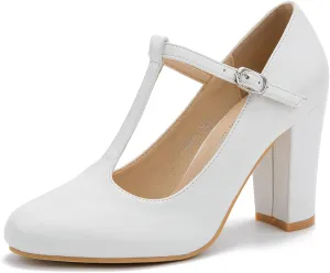 Women's T-Strap Mary Jane Pumps High Block Chunky Heel Wedding Dress Shoes