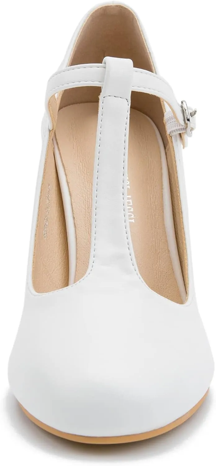 Women's T-Strap Mary Jane Pumps High Block Chunky Heel Wedding Dress Shoes