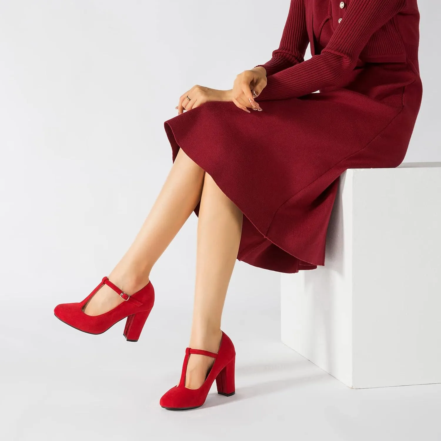 Women's T-Strap Mary Jane Pumps High Block Chunky Heel Wedding Dress Shoes