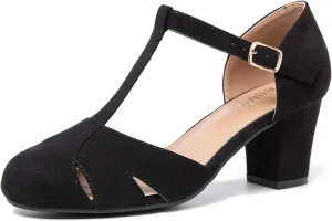 Womens T Strap Mary Jane Shoes Chunky Block Heel Cut Out Ankle Strap Buckle Dress Dance Pumps