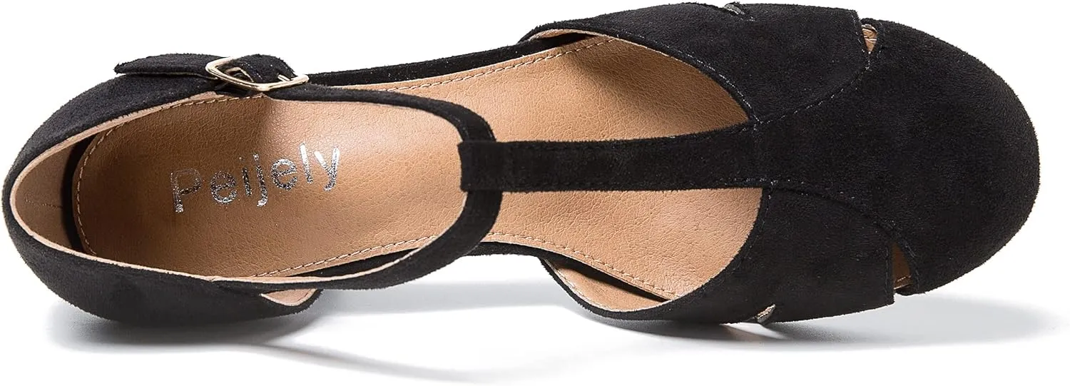 Womens T Strap Mary Jane Shoes Chunky Block Heel Cut Out Ankle Strap Buckle Dress Dance Pumps