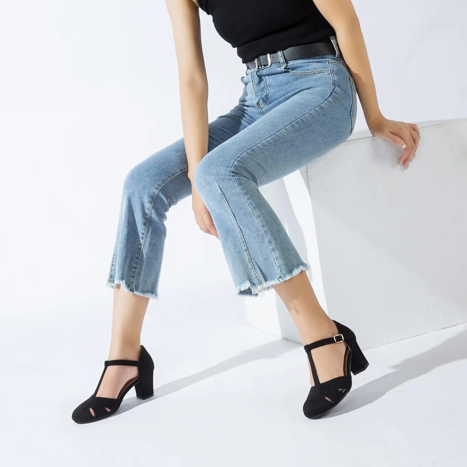 Womens T Strap Mary Jane Shoes Chunky Block Heel Cut Out Ankle Strap Buckle Dress Dance Pumps