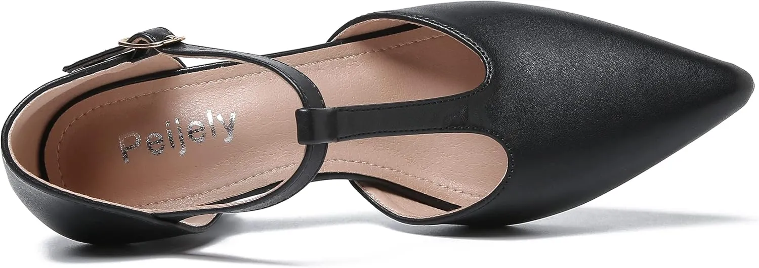 Womens T Strap Mary Jane Shoes Chunky Block Heel Pointed Toe Ankle Strap Buckle Dress Pumps