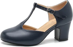 Women's T Strap Mary Jane Shoes Mid Block Chunky Heel Buckle Dress Pumps