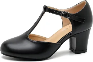 Women's T Strap Mary Jane Shoes Mid Block Chunky Heel Buckle Dress Pumps