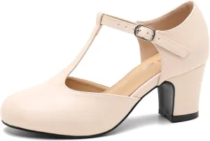 Women's T Strap Mary Jane Shoes Mid Block Chunky Heel Buckle Dress Pumps