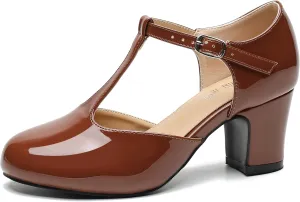 Women's T Strap Mary Jane Shoes Mid Block Chunky Heel Buckle Dress Pumps