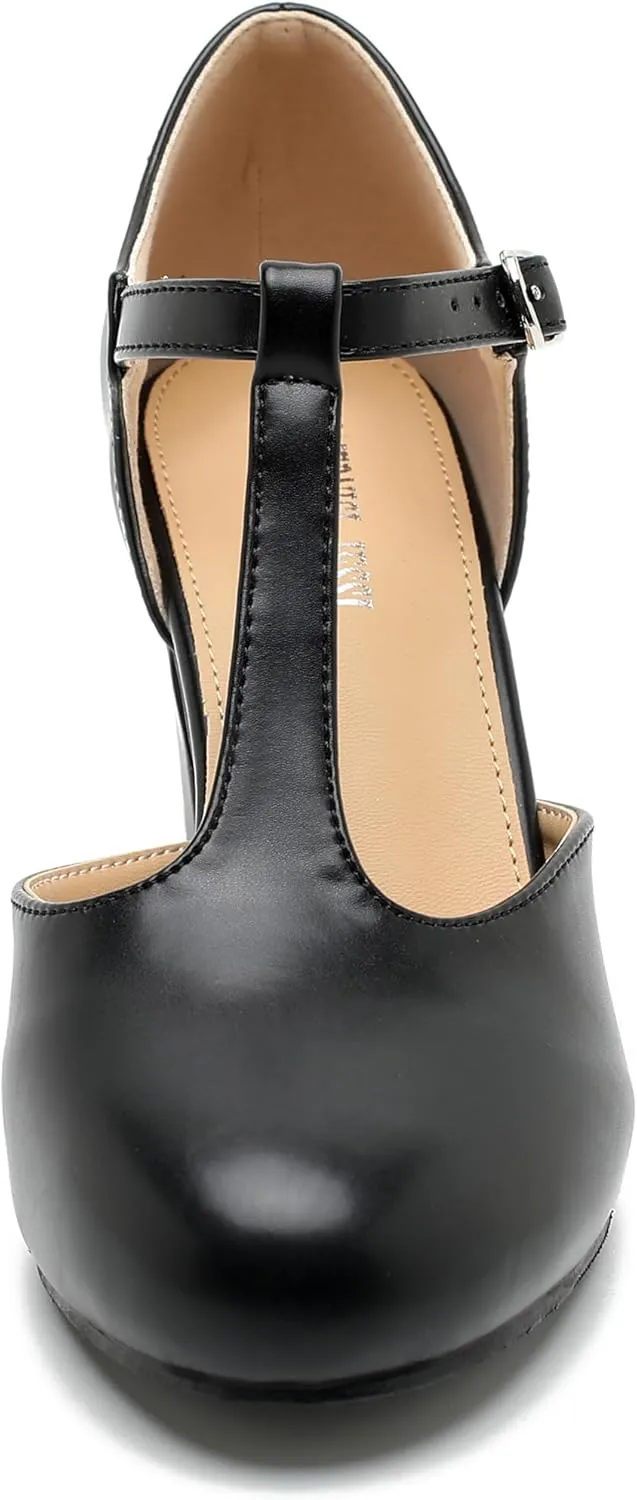 Women's T Strap Mary Jane Shoes Mid Block Chunky Heel Buckle Dress Pumps