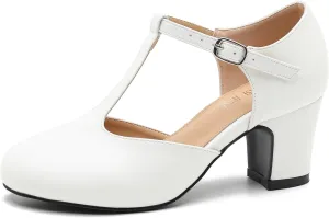 Women's T Strap Mary Jane Shoes Mid Block Chunky Heel Buckle Dress Pumps