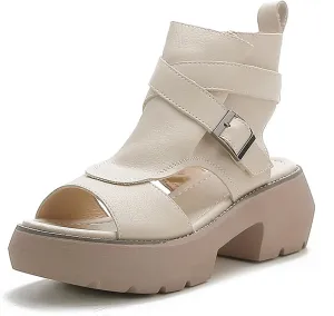 Women's Vintage Leather Platform High Top Open Toe Sandals,Fashion Hollow Side Zipper Chunky Heel Gladiator Sandals,Summer Outdoor Casual Beach Athletic Sandal